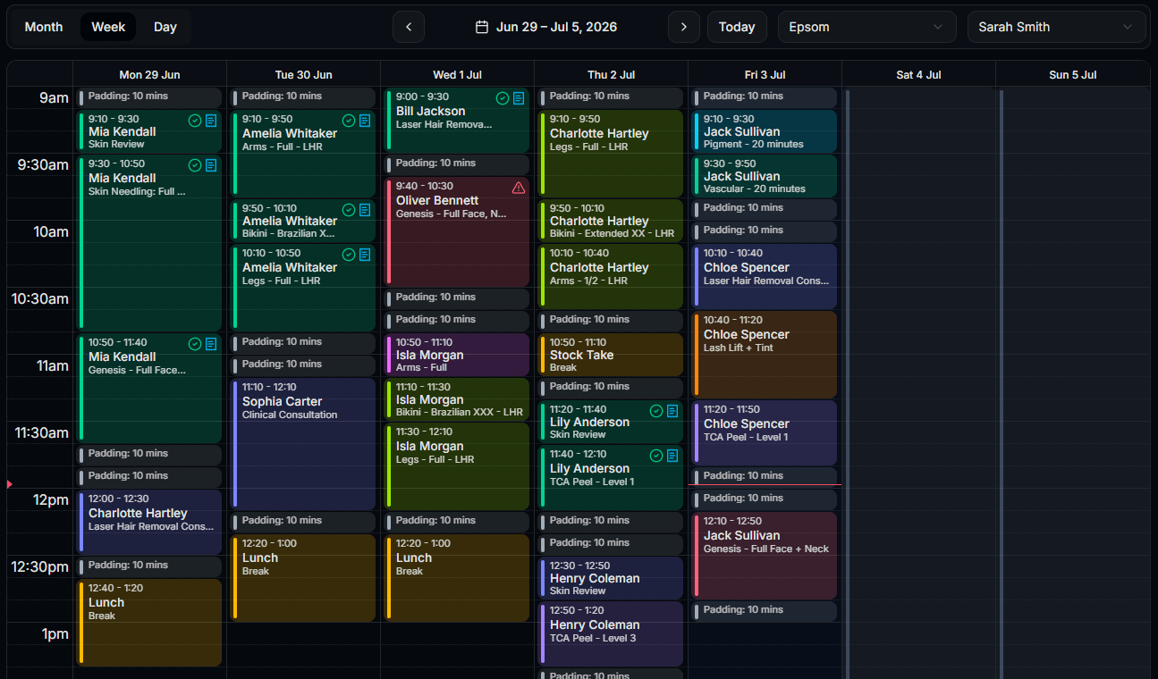 Appointment calendar showing daily treatment bookings and client schedule
