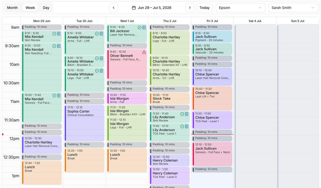 Appointment calendar showing daily treatment bookings and client schedule