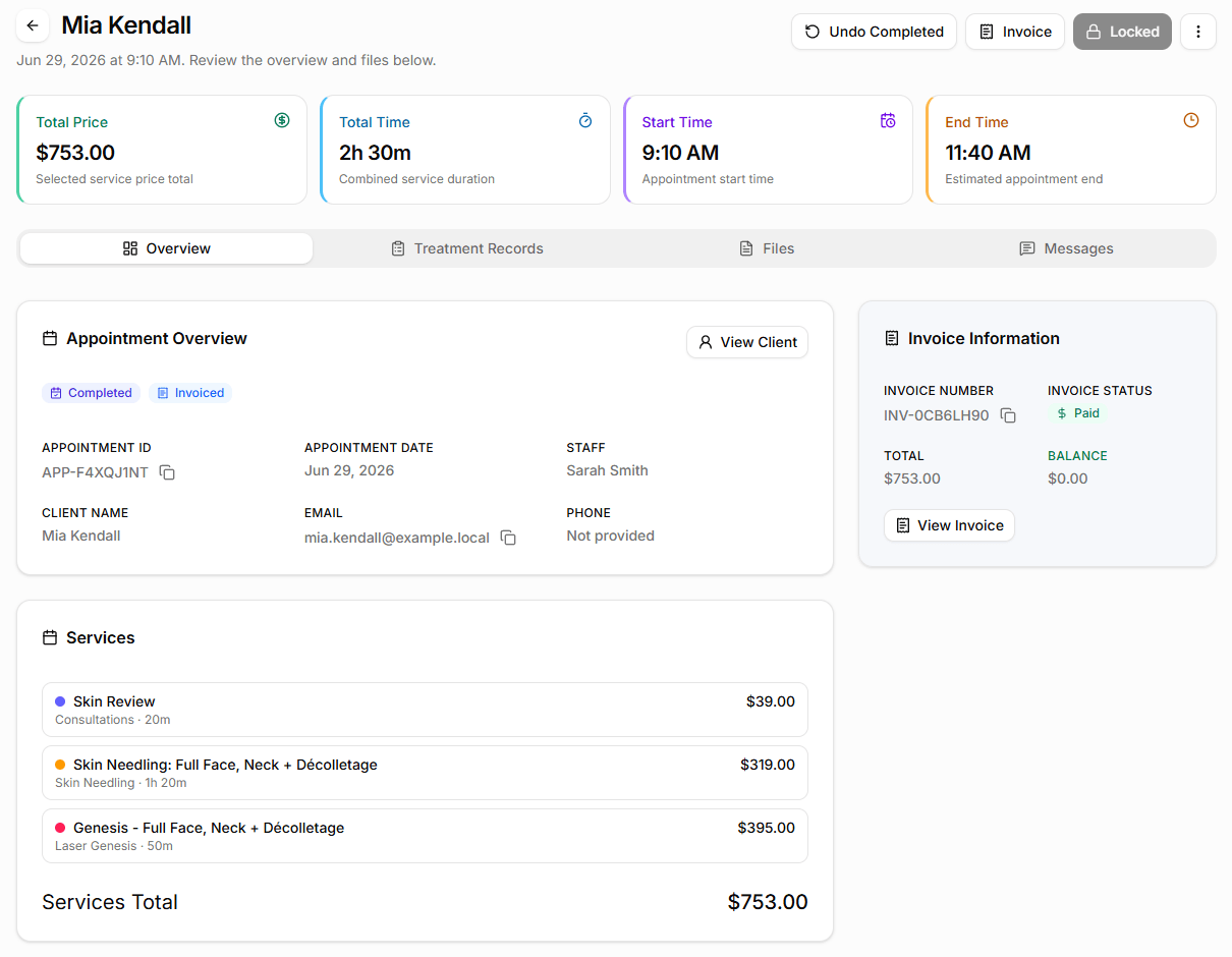 Appointment record showing scheduled time, client details, treatment context, and status