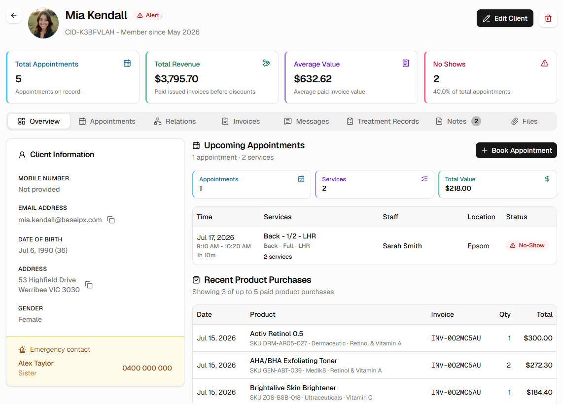 Client profile showing linked appointment history, invoices, and contact details