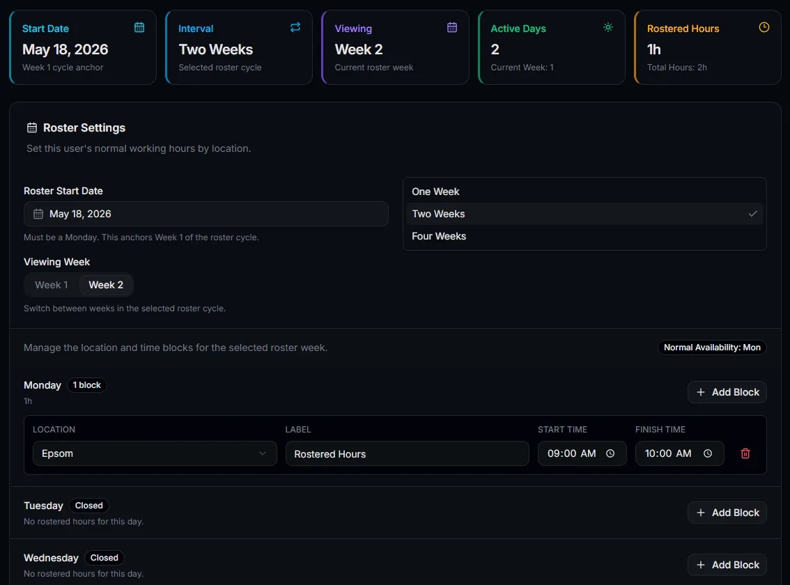 Team roster view showing working hour blocks across a multi-week roster cycle
